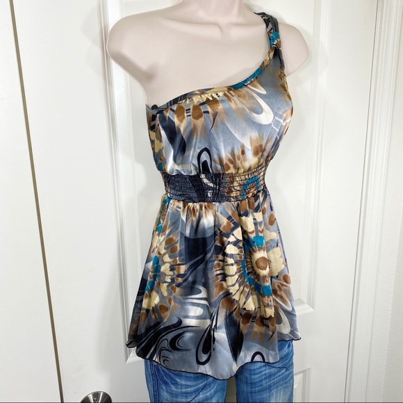 Satin One Shoulder Retro Tie Dye Design Tank Top - Picture 4 of 15